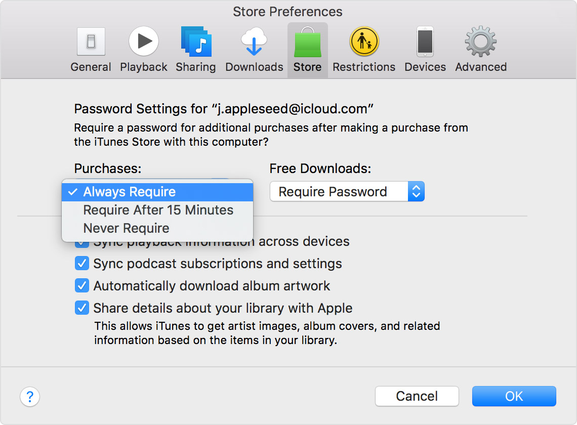 Manage your iTunes Store and App Store password 