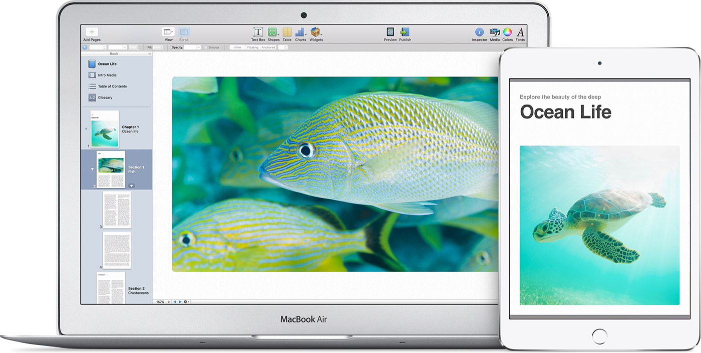 A MacBook Air showing a project in iBooks Author with pictures of tropical fish and the completed book on iPad.