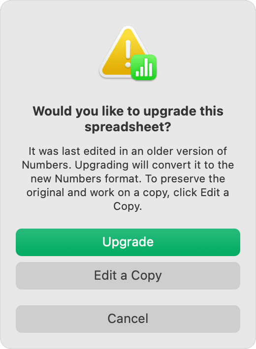 Numbers "Would you like to upgrade this spreadsheet?" alert