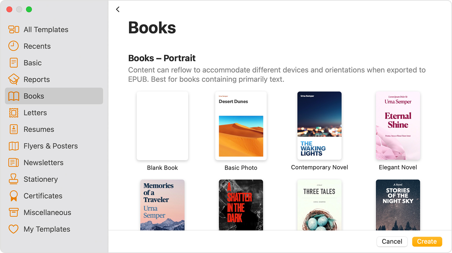 Pages Books template chooser window