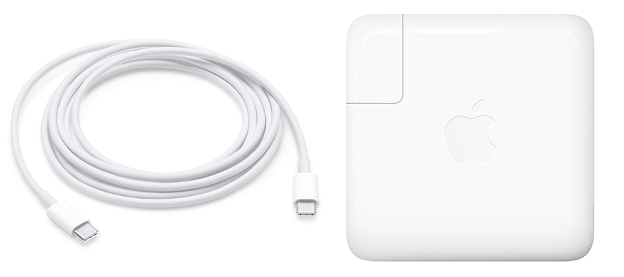 Photo of Macbook charging cord (USB-C to USB-C) and power block that is available for checkout. Information about equipment follows the image.