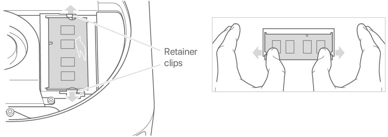 
      Dos manos que separan los ganchos de retención para aflojar un módulo de memoria<ph
            x=