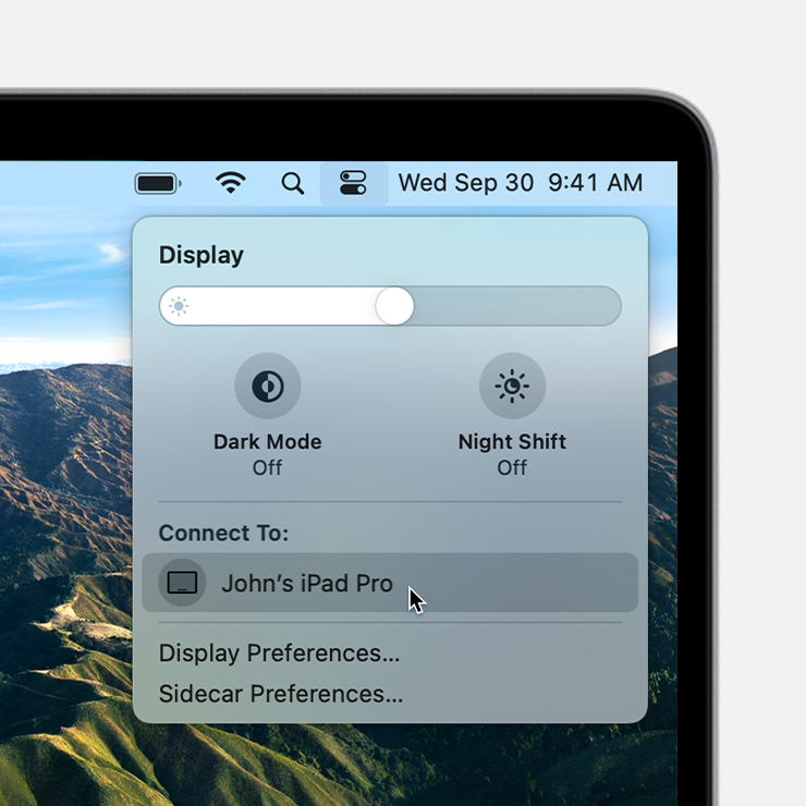 macOS Big Sur Control Center Display options with cursor hovering over Connect To iPad