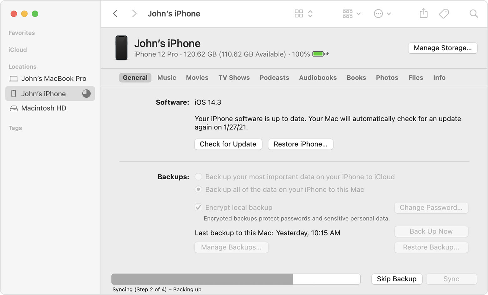 A Finder window showing an iPhone backup in progress.