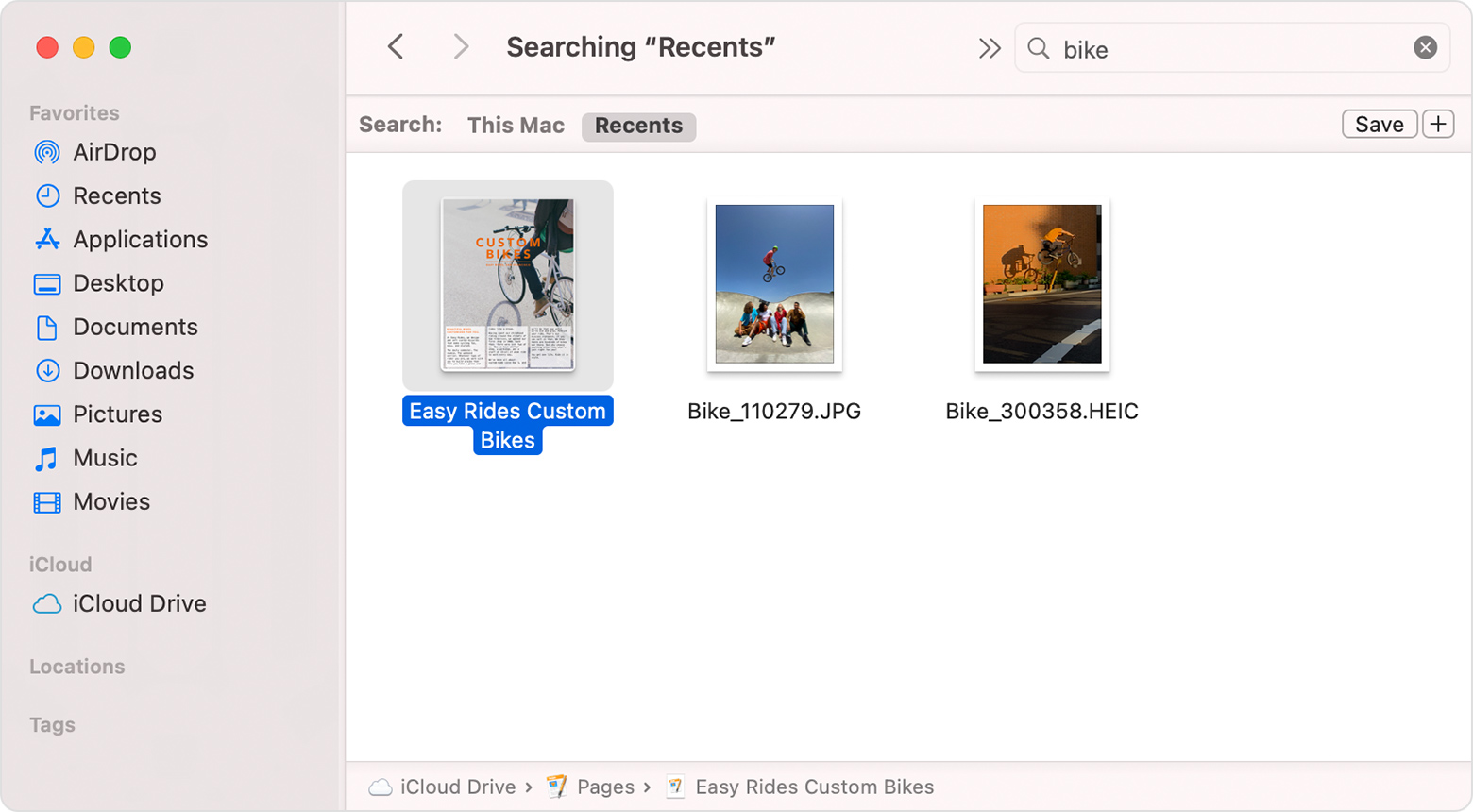macOS Finder window search results with the file path bar shown at the bottom of the pane 