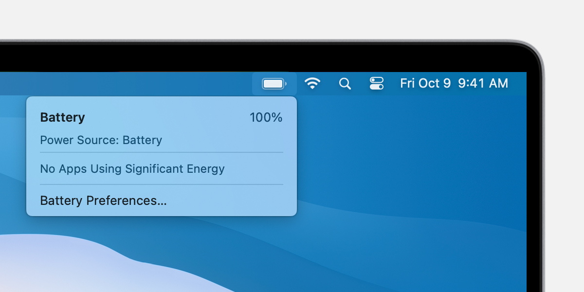 macOS Big Sur menu bar with battery menu open
