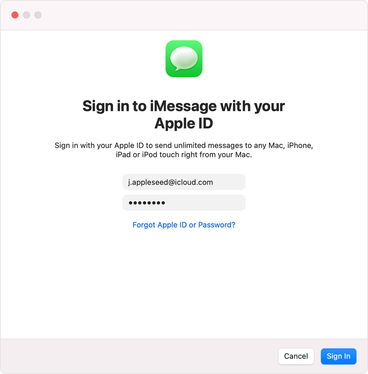 Sign-in to iMessage window