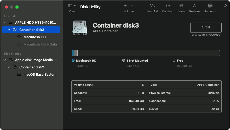 Disk Utility: Containers and Volumes