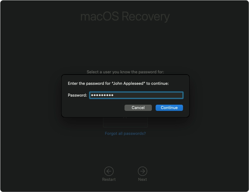 macOS Big Sur Recovery password prompt popup