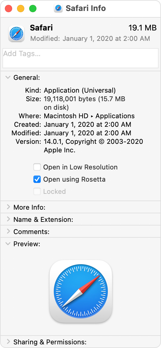 Safari Info window with "Open using Rosetta" selected