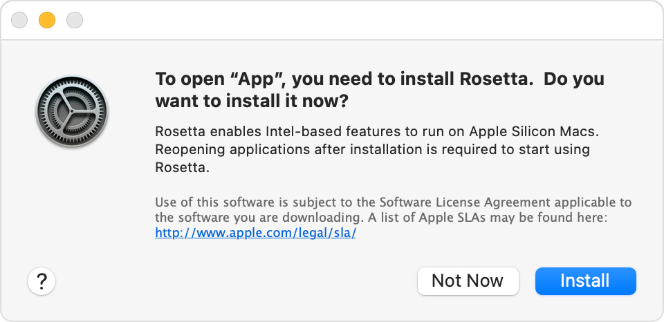 Alert: To open app, you need to install Rosetta. Do you want to install it now?