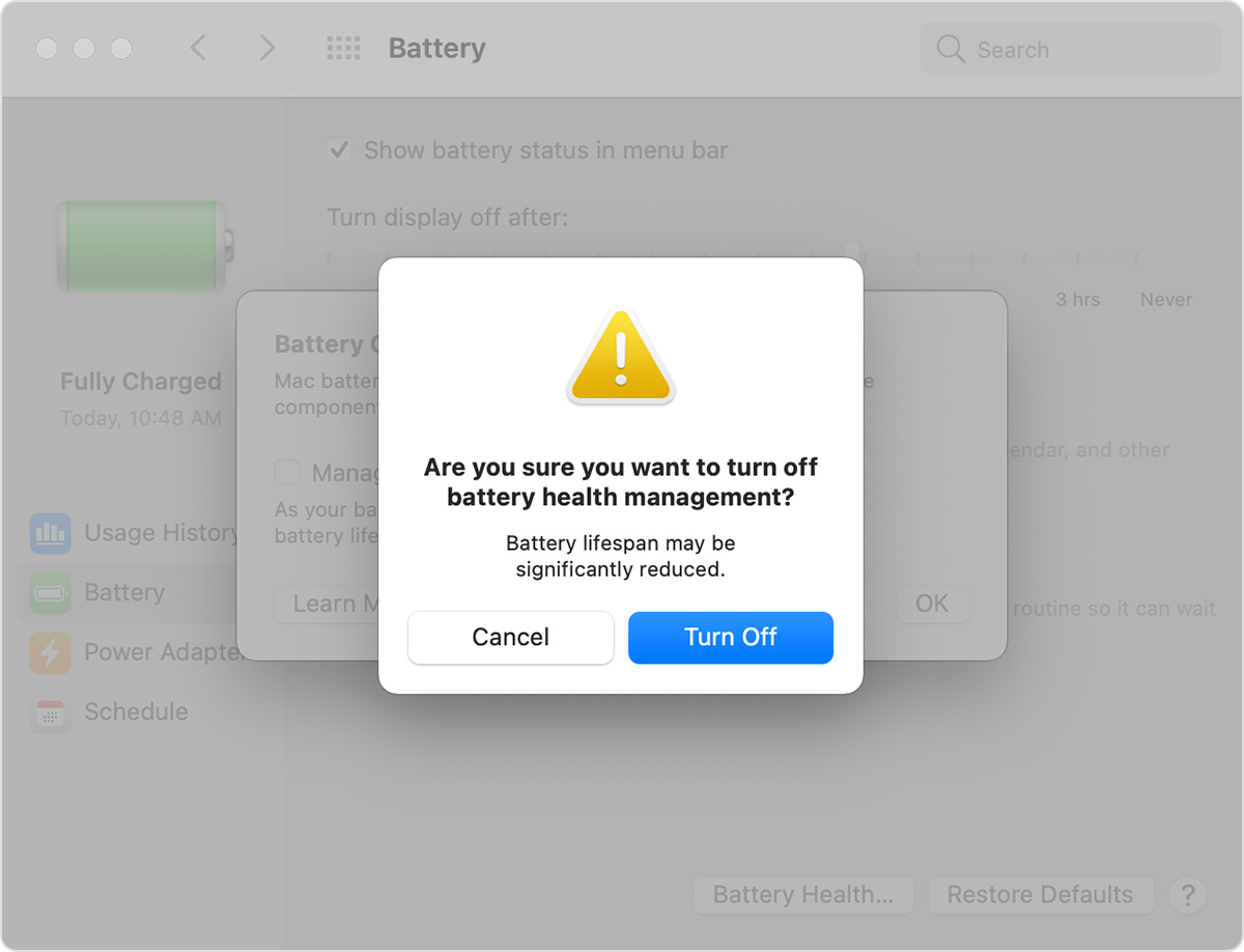 “Are you sure you want to turn off battery health management?” pop-up window