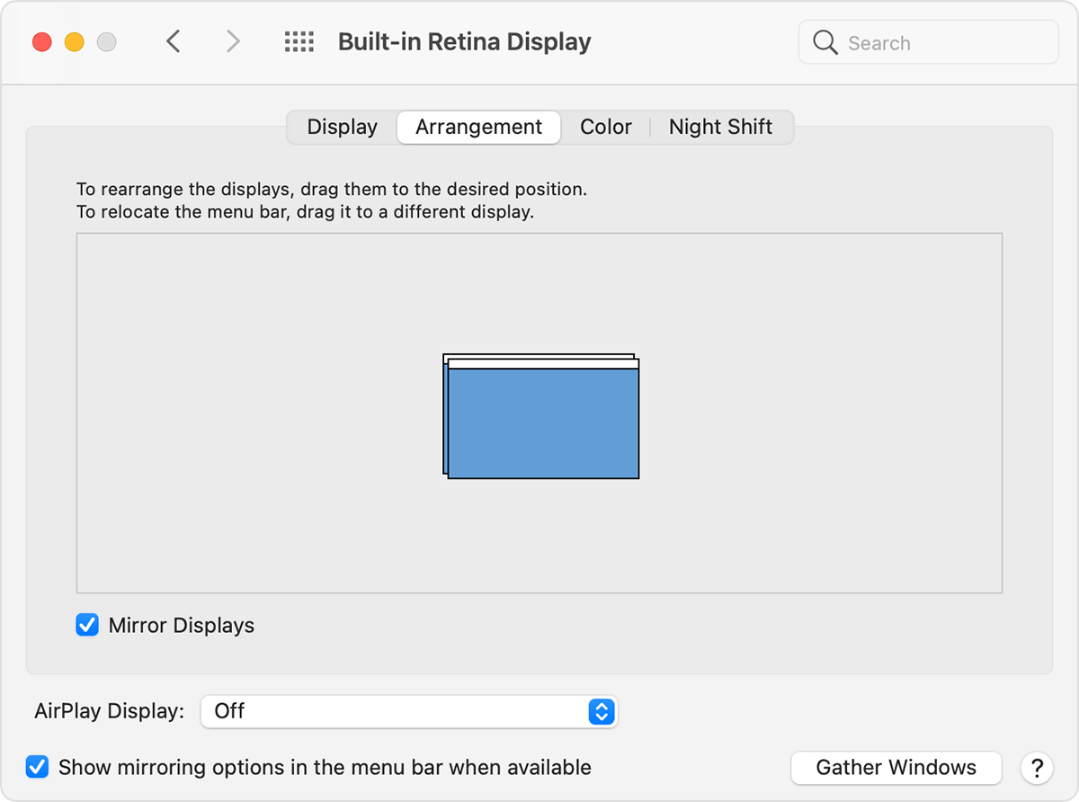 The arrangement tab of Displays in System Preferences with Mirror Displays enabled