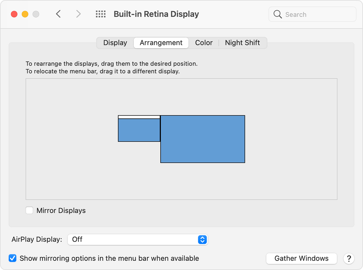 The Arrangement tab of Displays in System Preferences