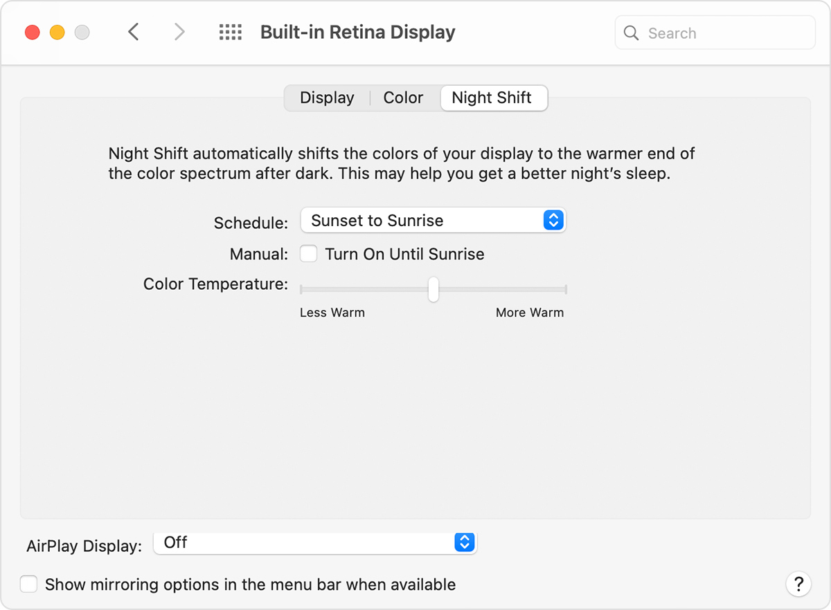 Displays System Preferences with Night Shift options selected