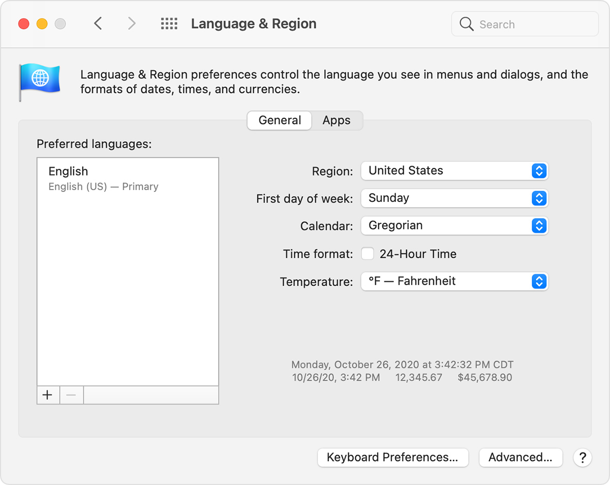 Language & Region preferences window