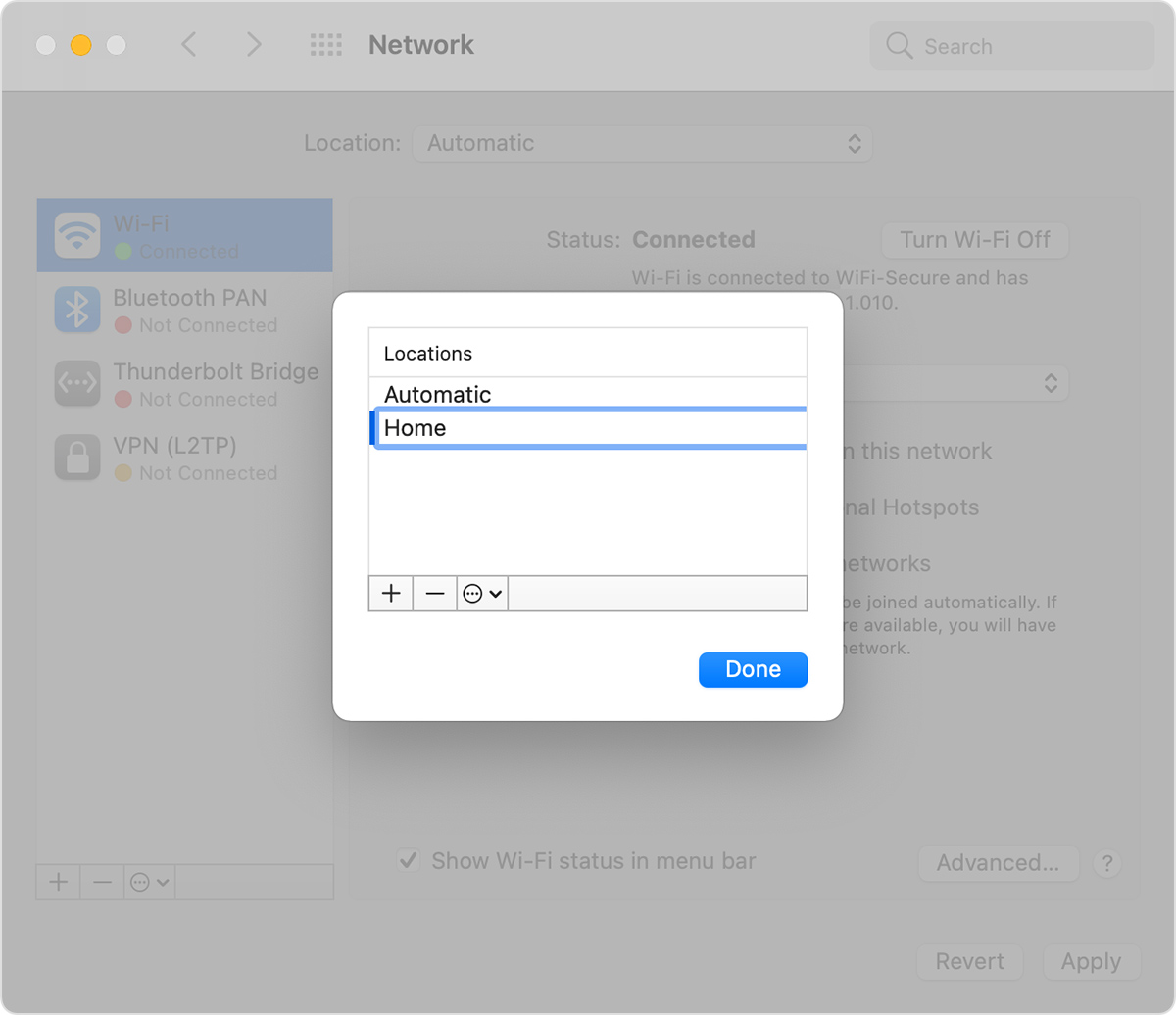 Network preferences Location modal window showing a new location added named 