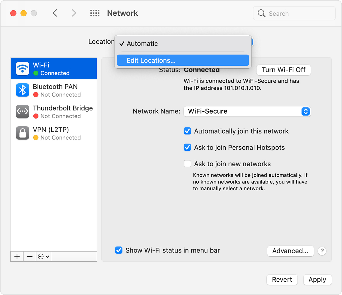 Network preferences, showing the Locations pop-up menu