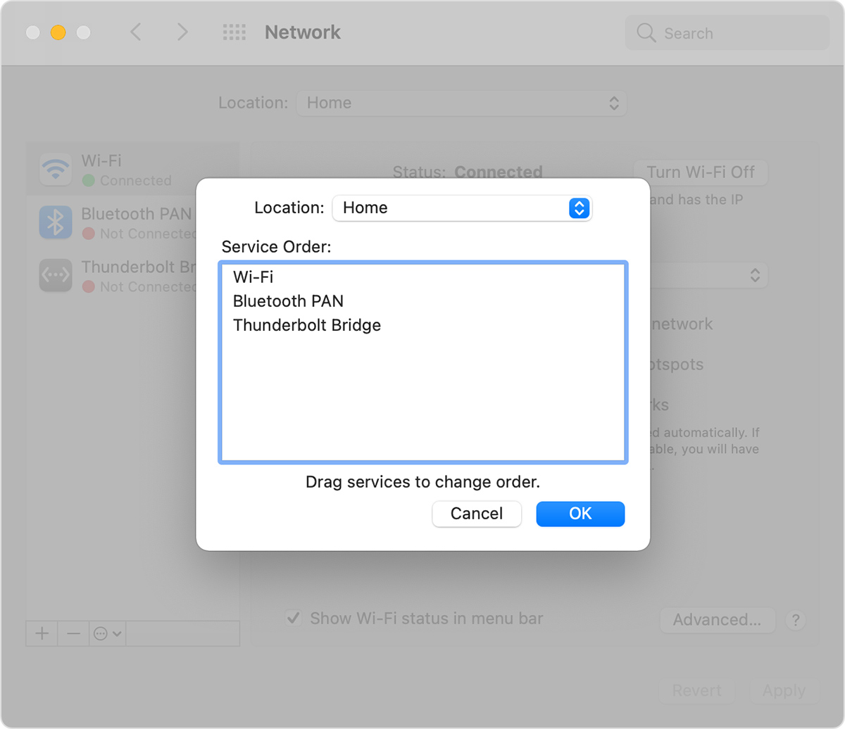 Network System Preferences location Service Order modal window