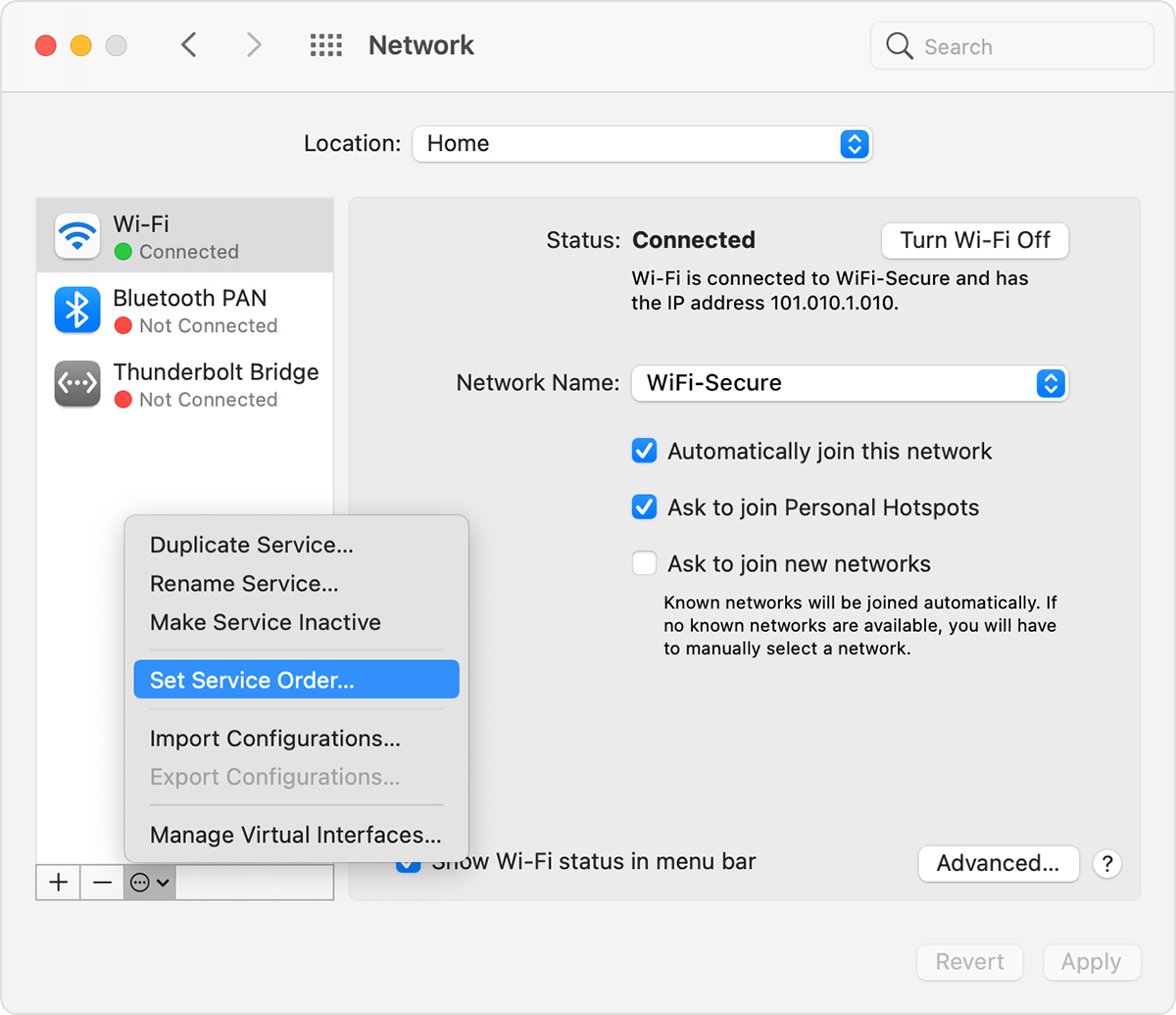 Network System Preferences more Service options menu with "Set Service Order" highlighted