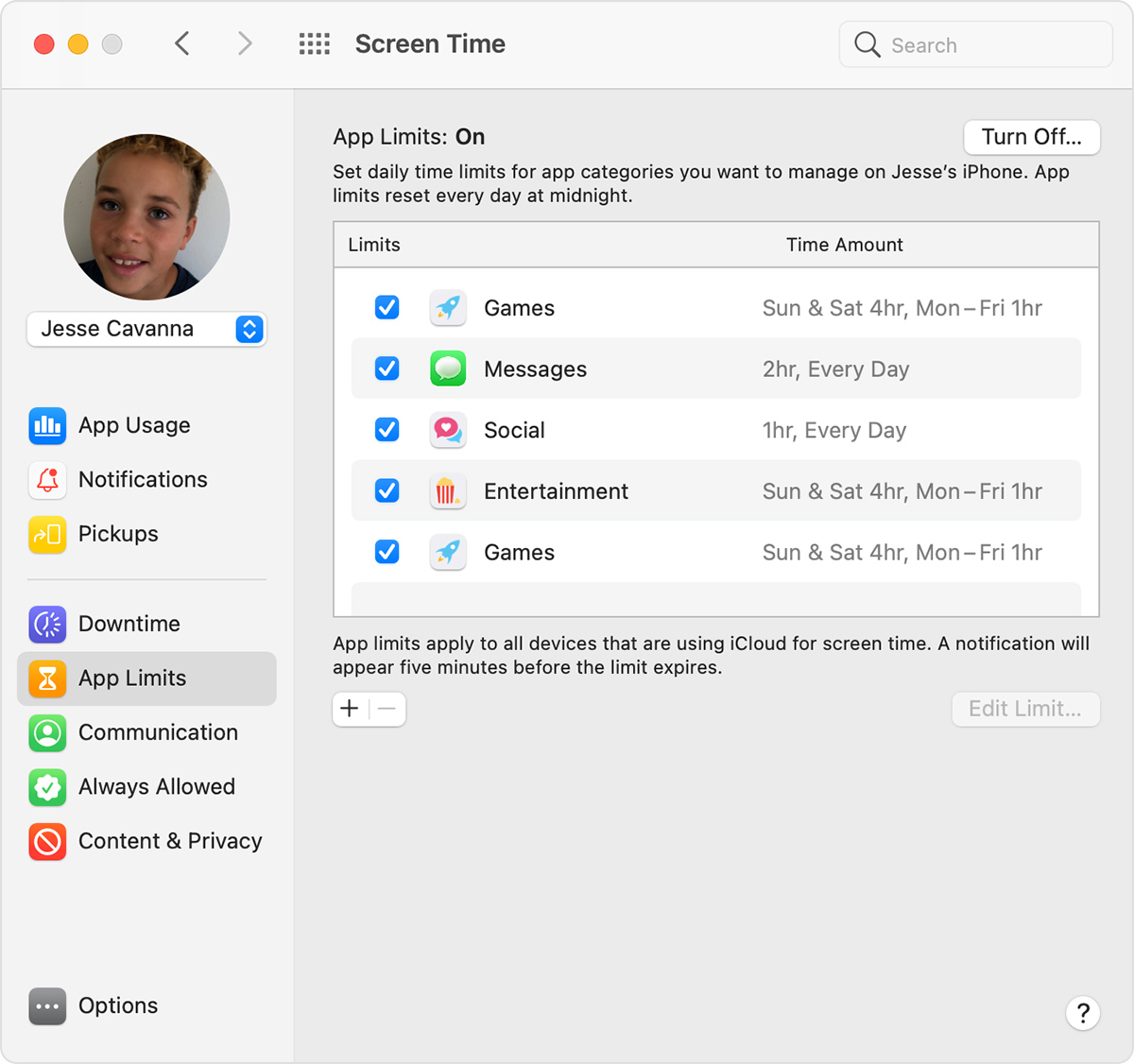 Screen Time preferences: App Limits