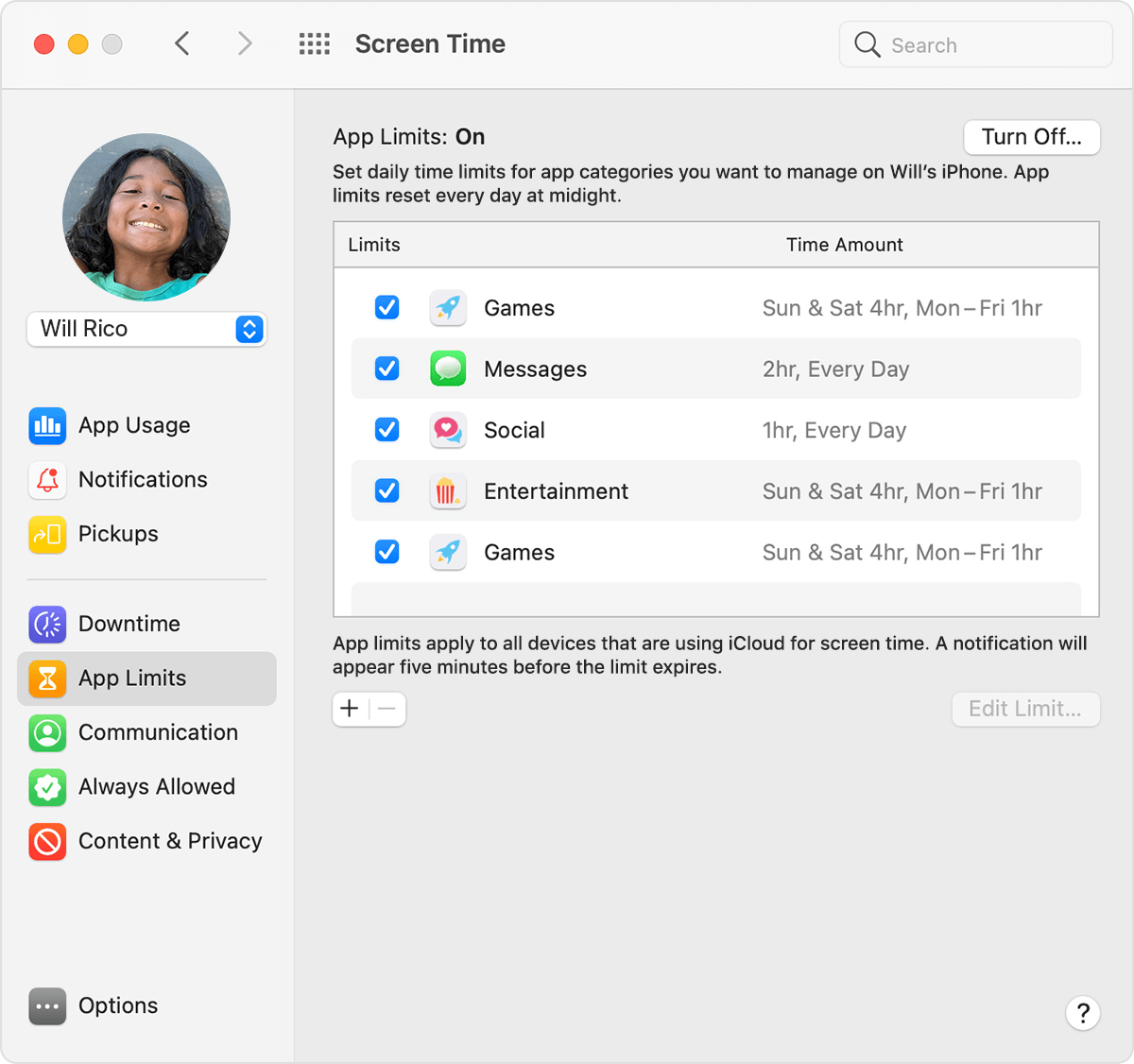 Screen Time preferences: App Limits