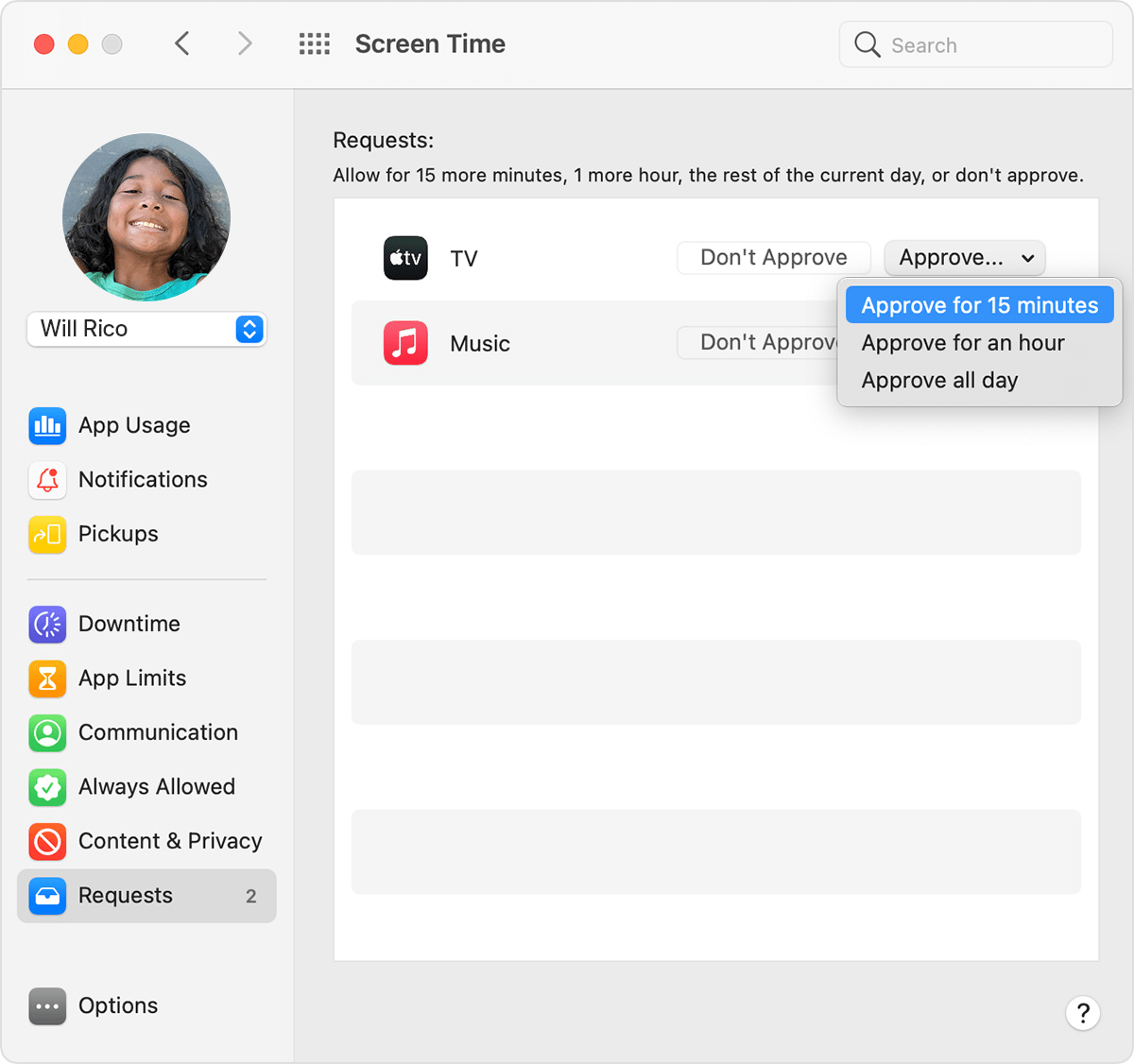 Screen Time preferences: Requests