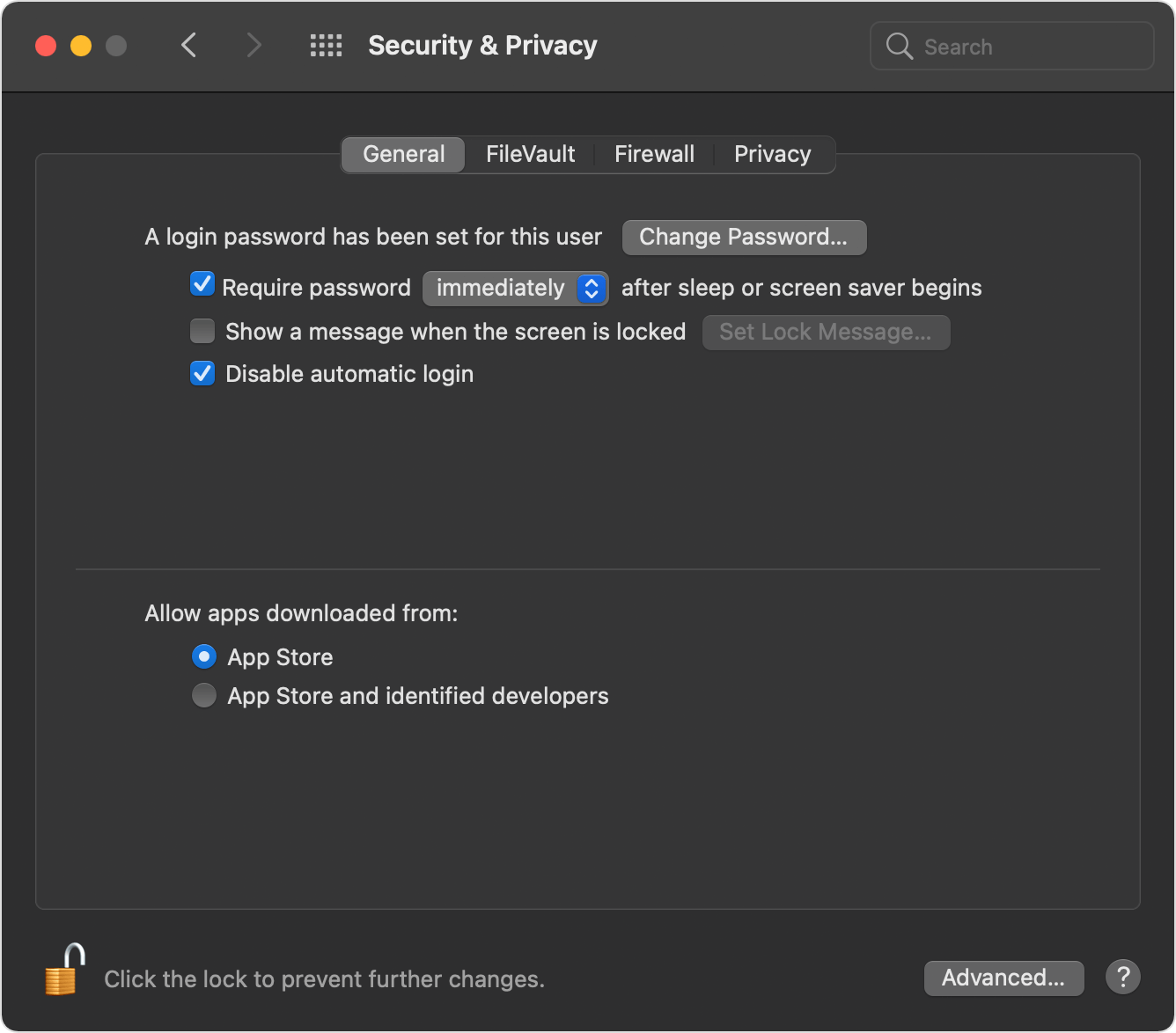 Security preferences window with Allow apps downloaded from: App Store selected