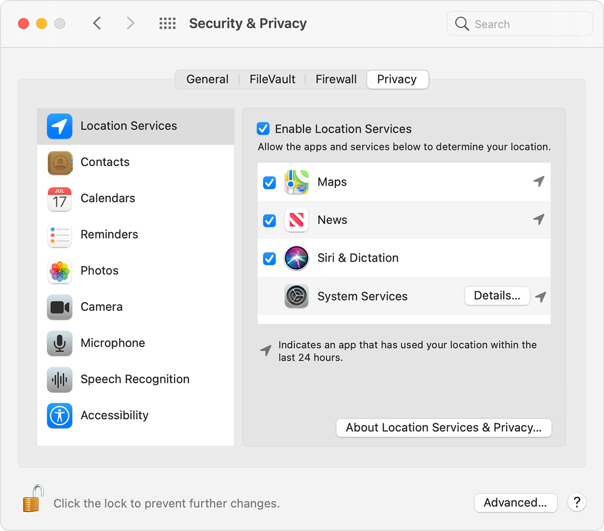 macOS Security & Privacy System Preferences Location Services options with "Enable Location Services" selected.