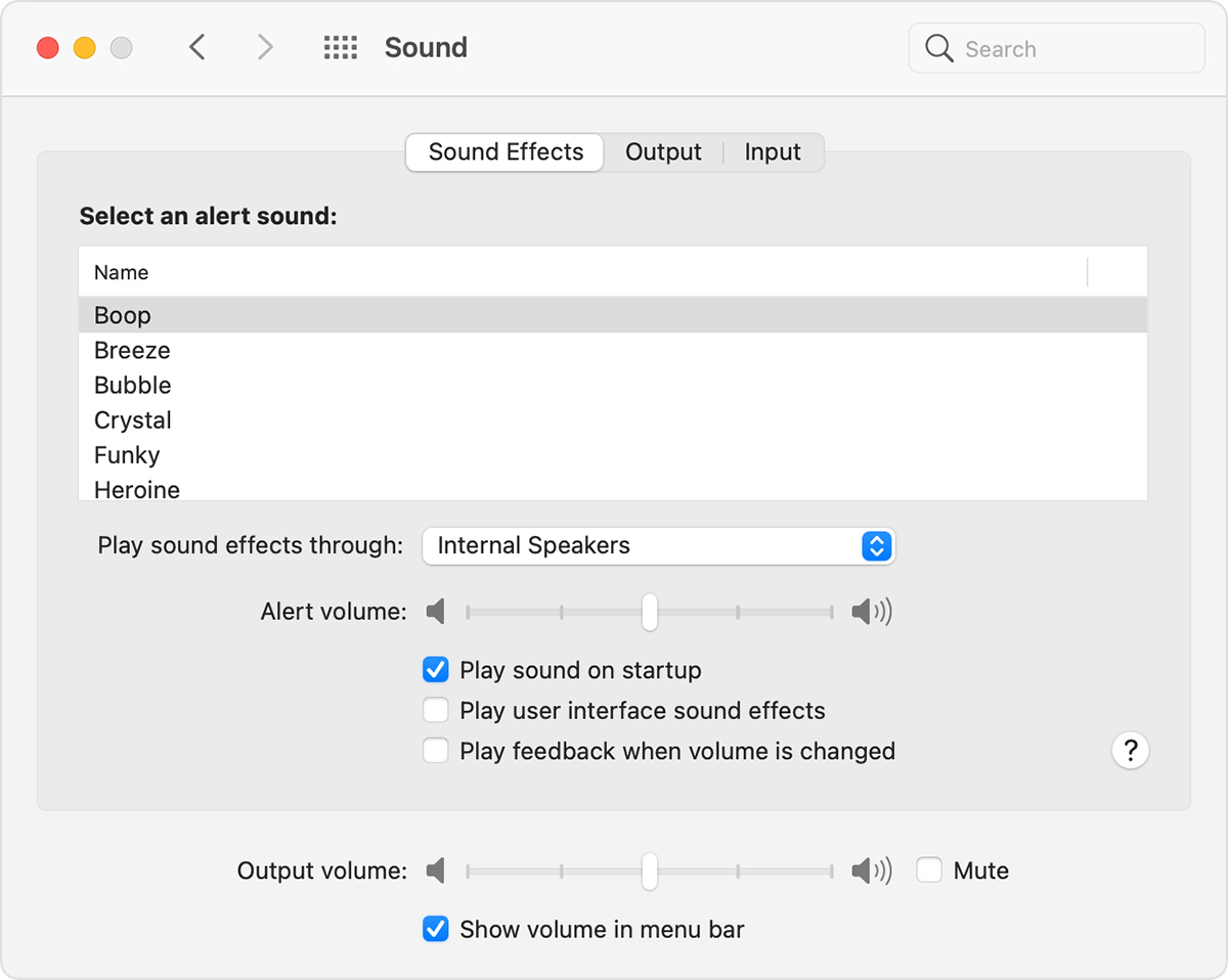 Sound preferences window with "Play sound on startup" selected