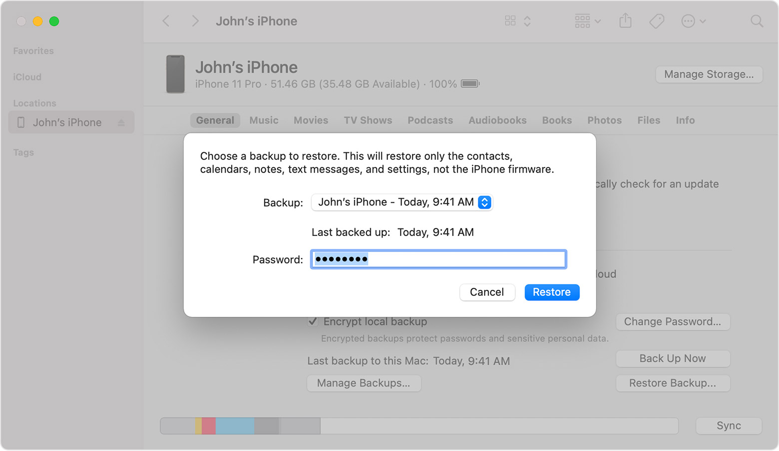 A Finder window with a prompt to choose a backup and enter your password.
