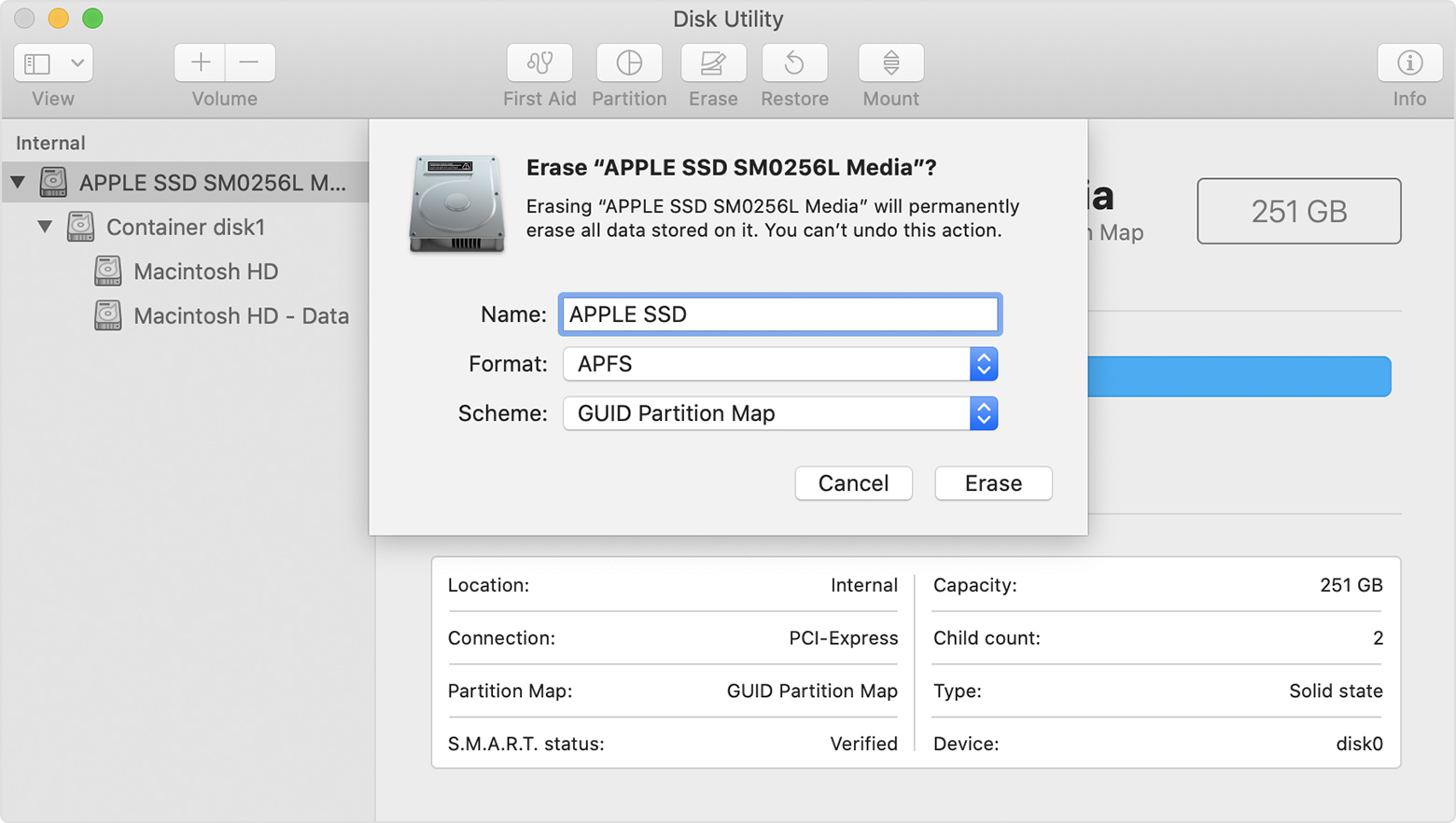 Erasing a disk and choosing a scheme in Disk Utility