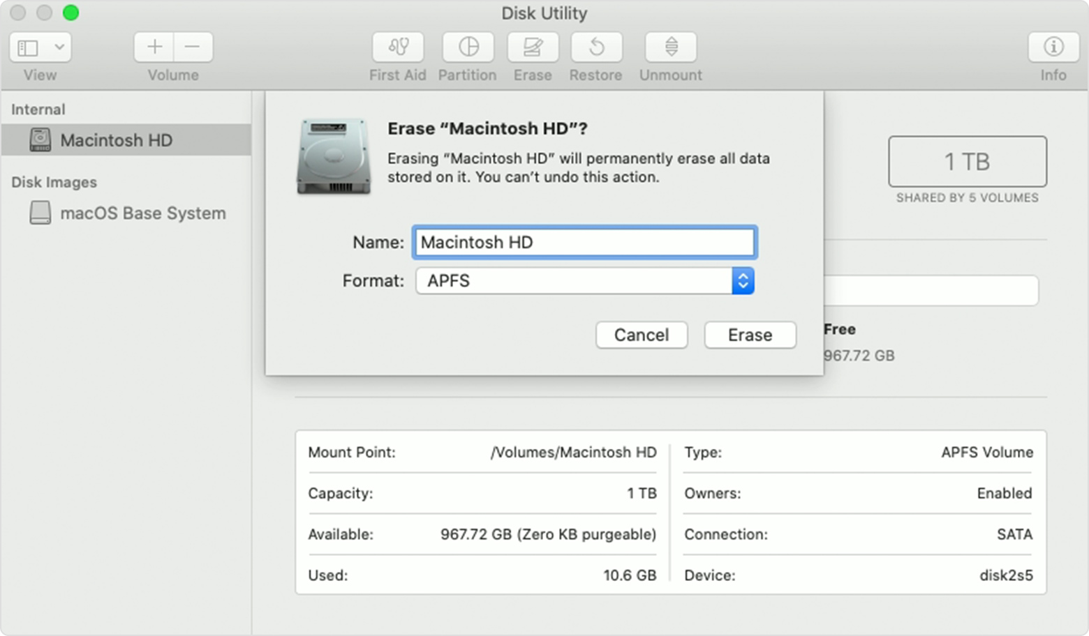 Erasing Macintosh HD in Disk Utility
