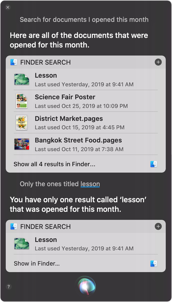Siri showing the results of the search