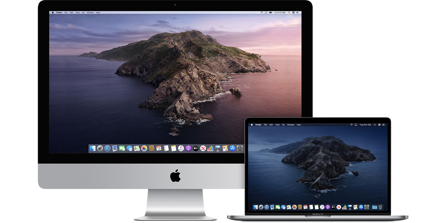 Catalina の背景を表示している iMac と MacBook Pro