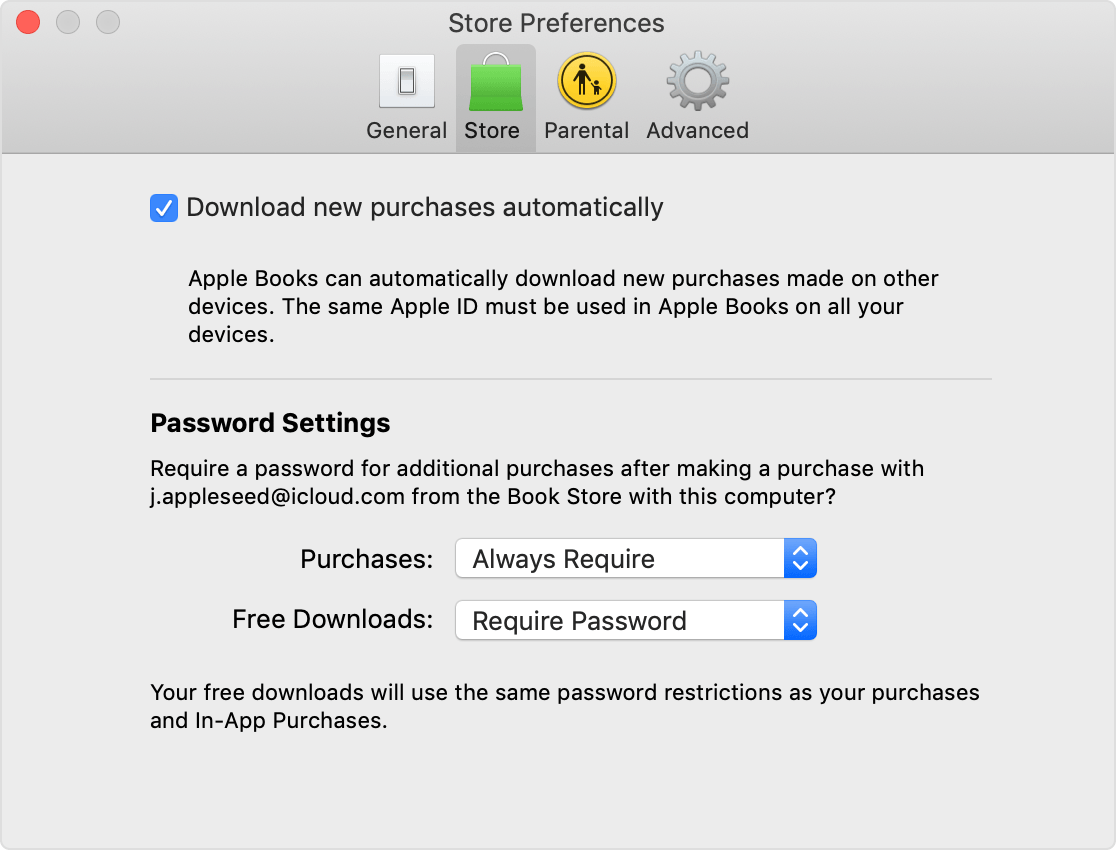 The Apple Books Store Preferences panel.