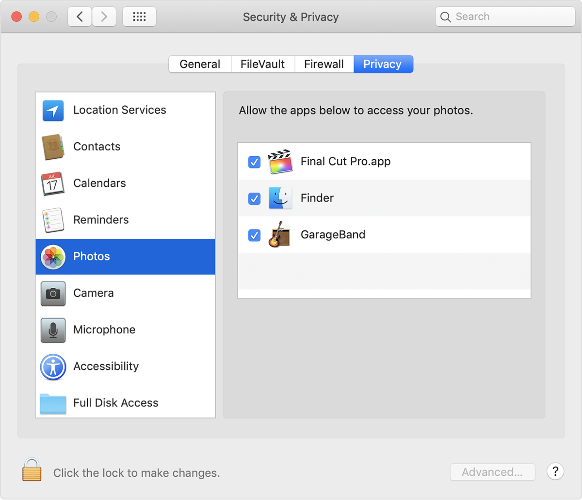 System Preferences showing the Photos section in the Privacy tab in the Security & Privacy pane.