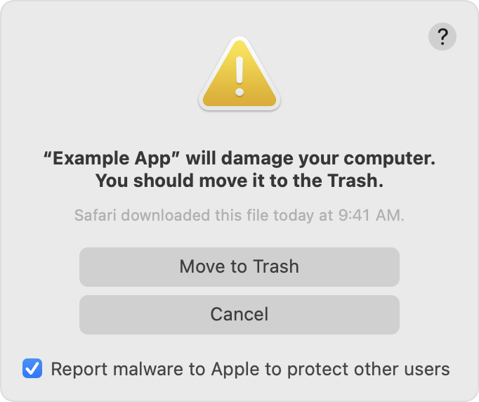 macOS displays this alert when it detects malicious content or an unauthorized app.
