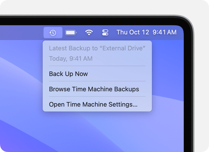 Time Machine menu showing details about the latest backup