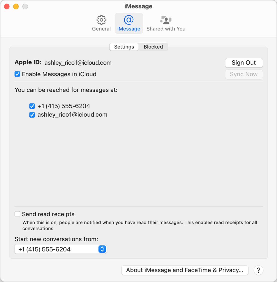 Nas definições de Mensagens no Mac, pode optar por iniciar as conversas a partir do seu número de telefone. 