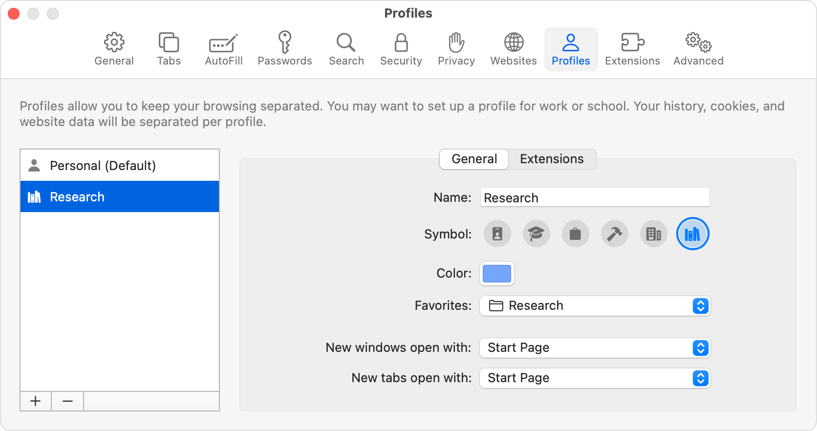 The Profiles tab of Safari settings after creating a new profile