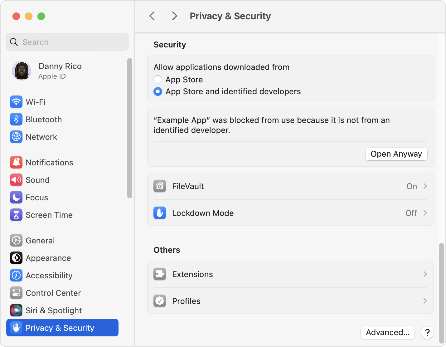 In Privacy & Security settings on your Mac, you can override the security settings and open an app if you're certain that it's trustworthy.