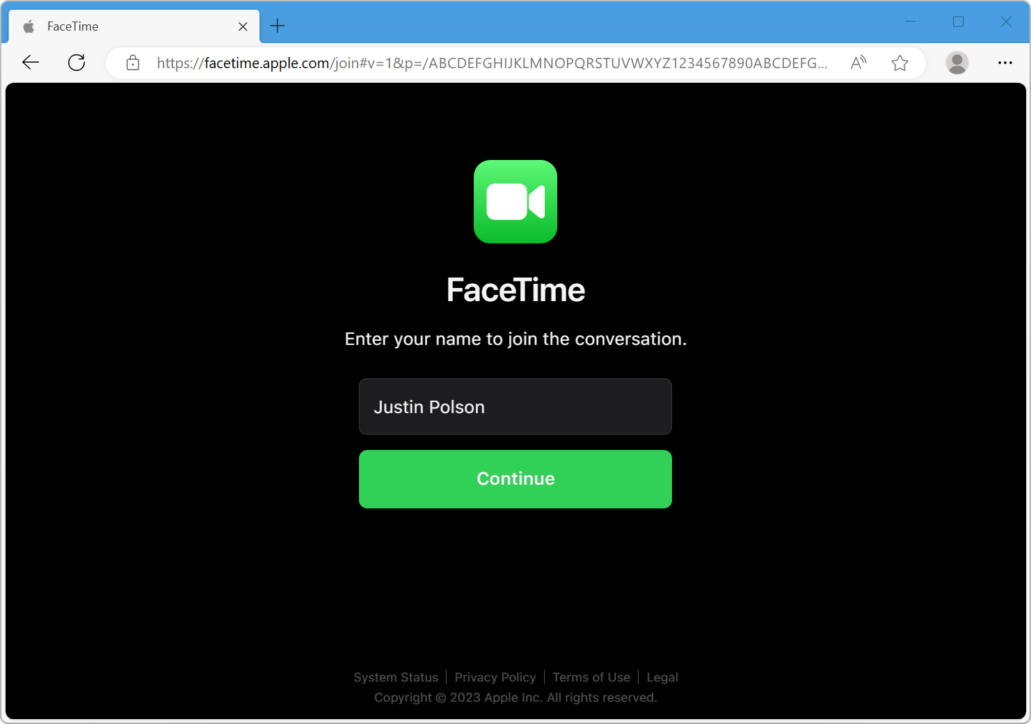 Browser window for a FaceTime link