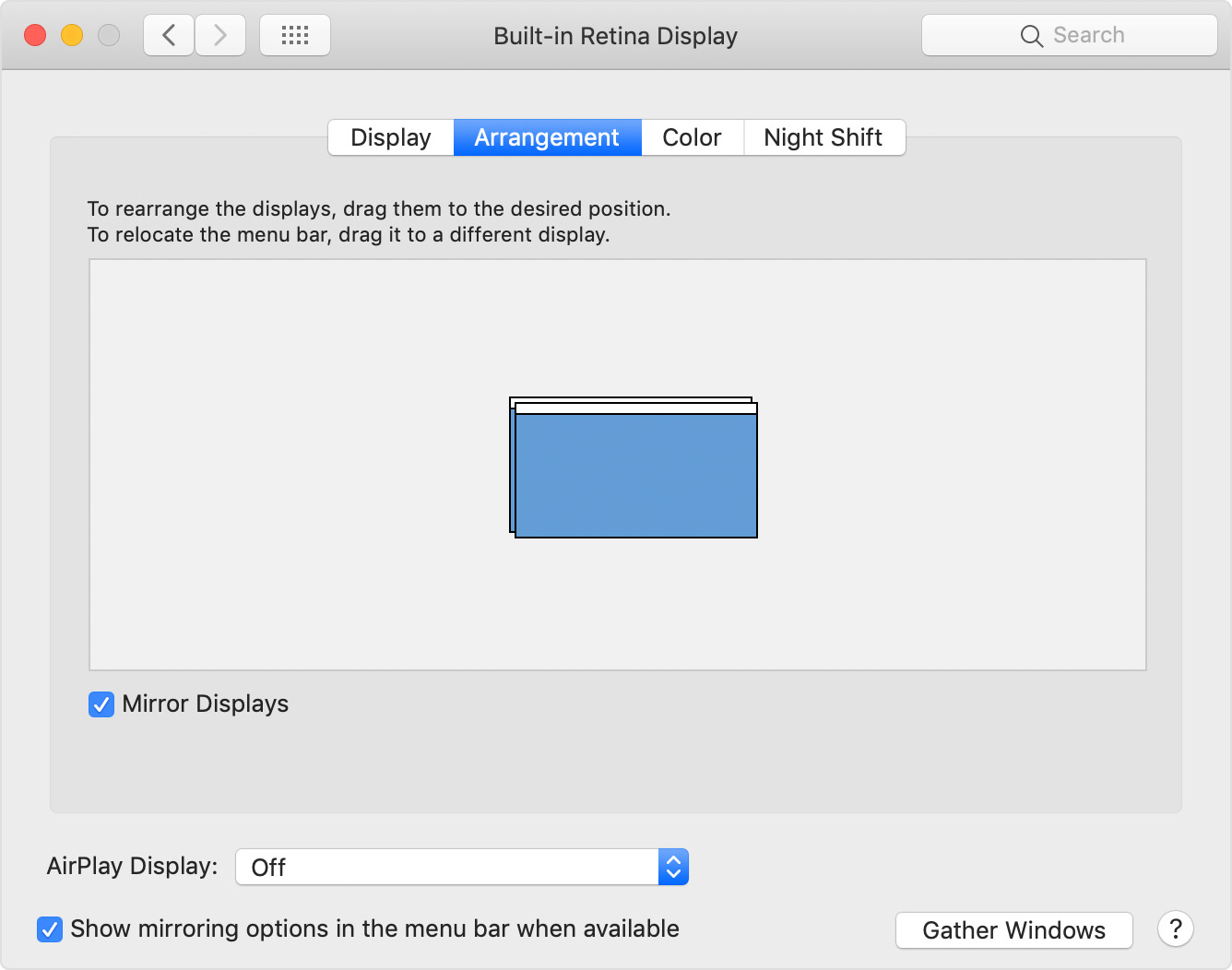 The arrangement tab of Displays in System Preferences with Mirror Displays enabled