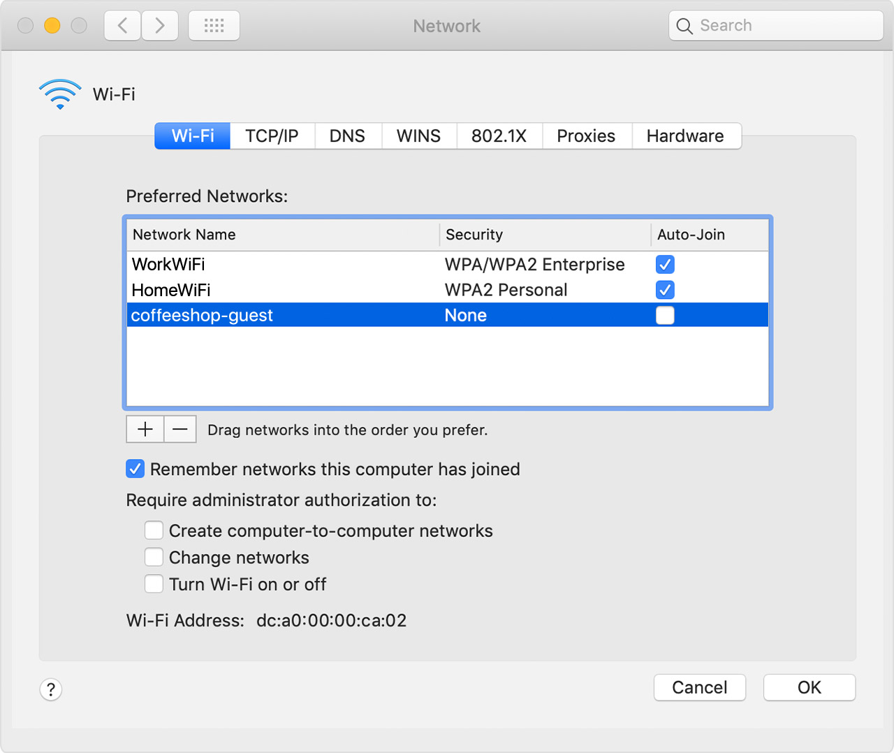 settings saved on this computer for the network