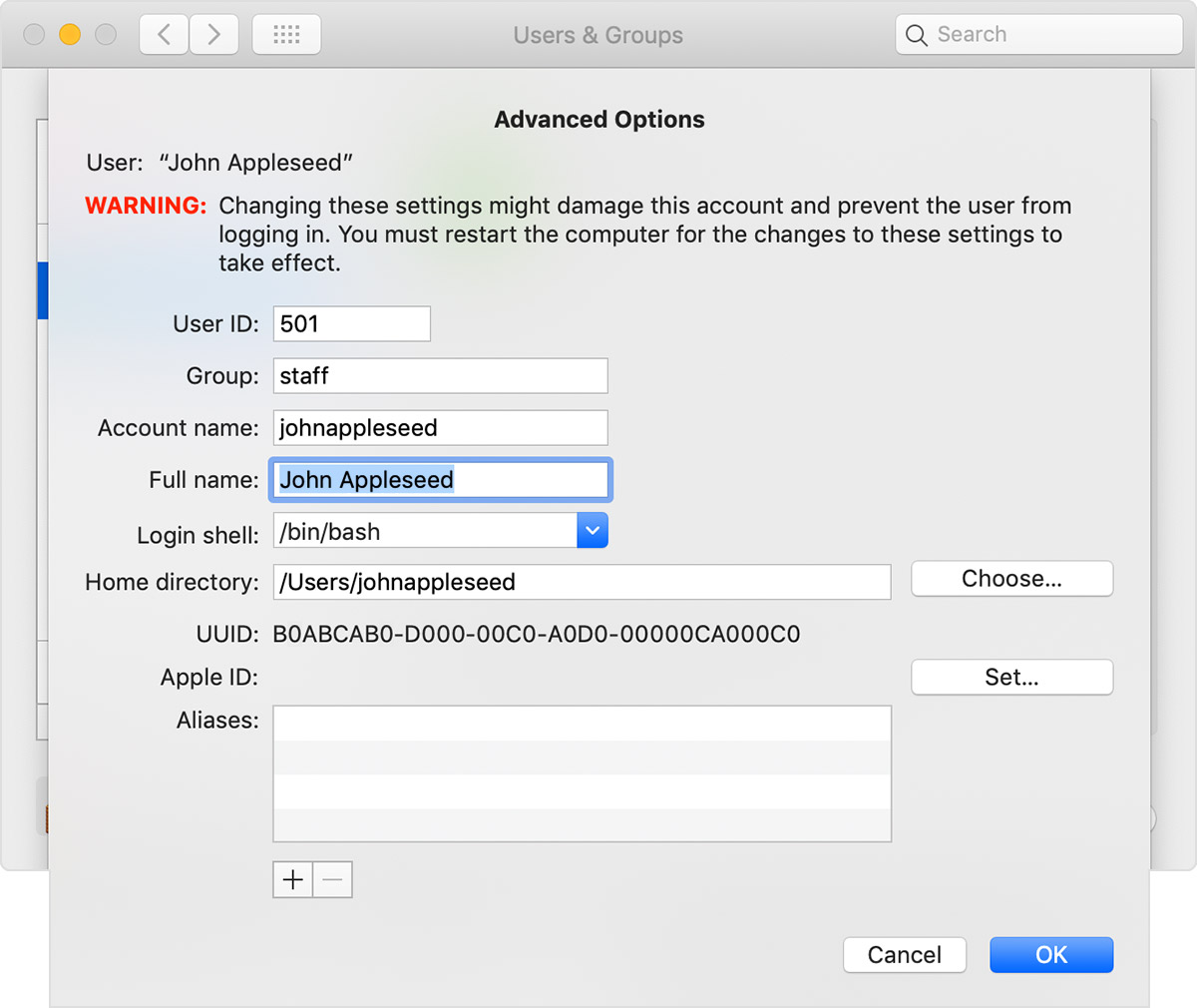 change user information for review in mac