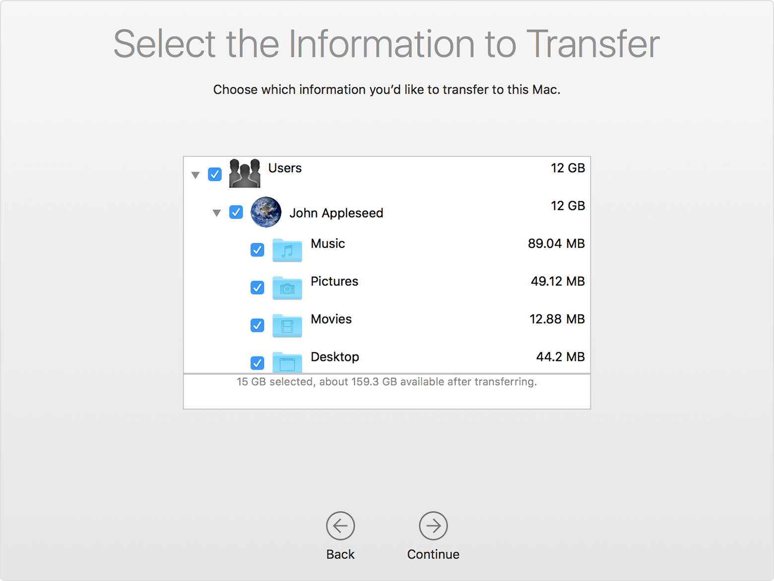 Selecting information to transfer in Migration Assistant