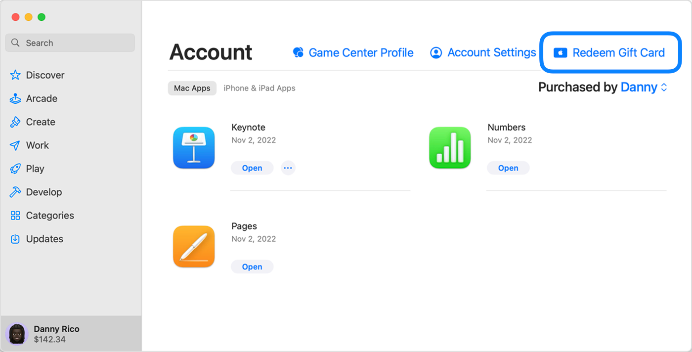 macos sonoma app store account redeem gift card callout