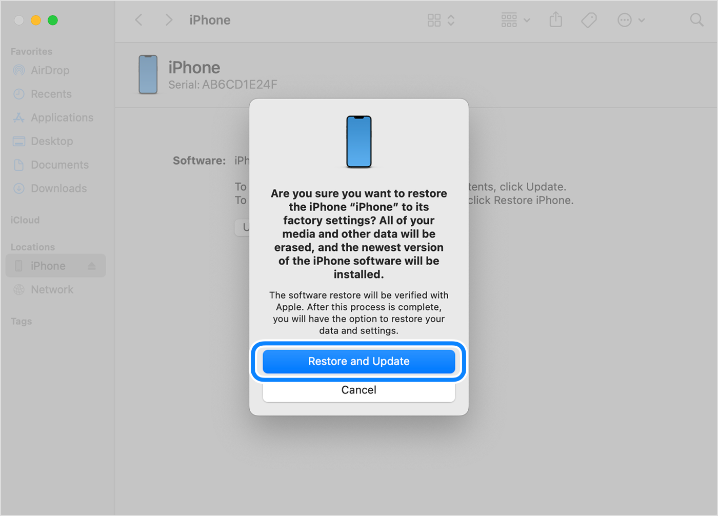 To restore and update your iPhone with your computer, you must tap Restore and Update to confirm.