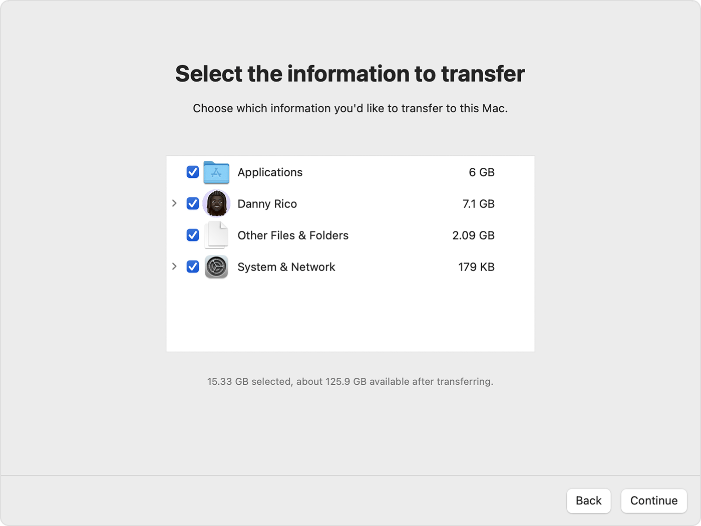 Migration Assistant: Choose the users and folders to transfer to the new Mac